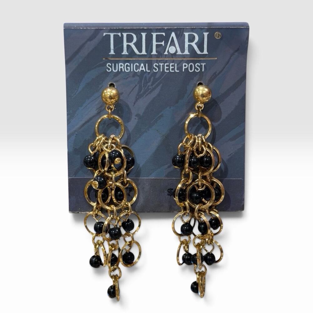 Y2K Trifari Gold Tone Black Bead Cluster Chandelier Drop Dangle Earrings Post